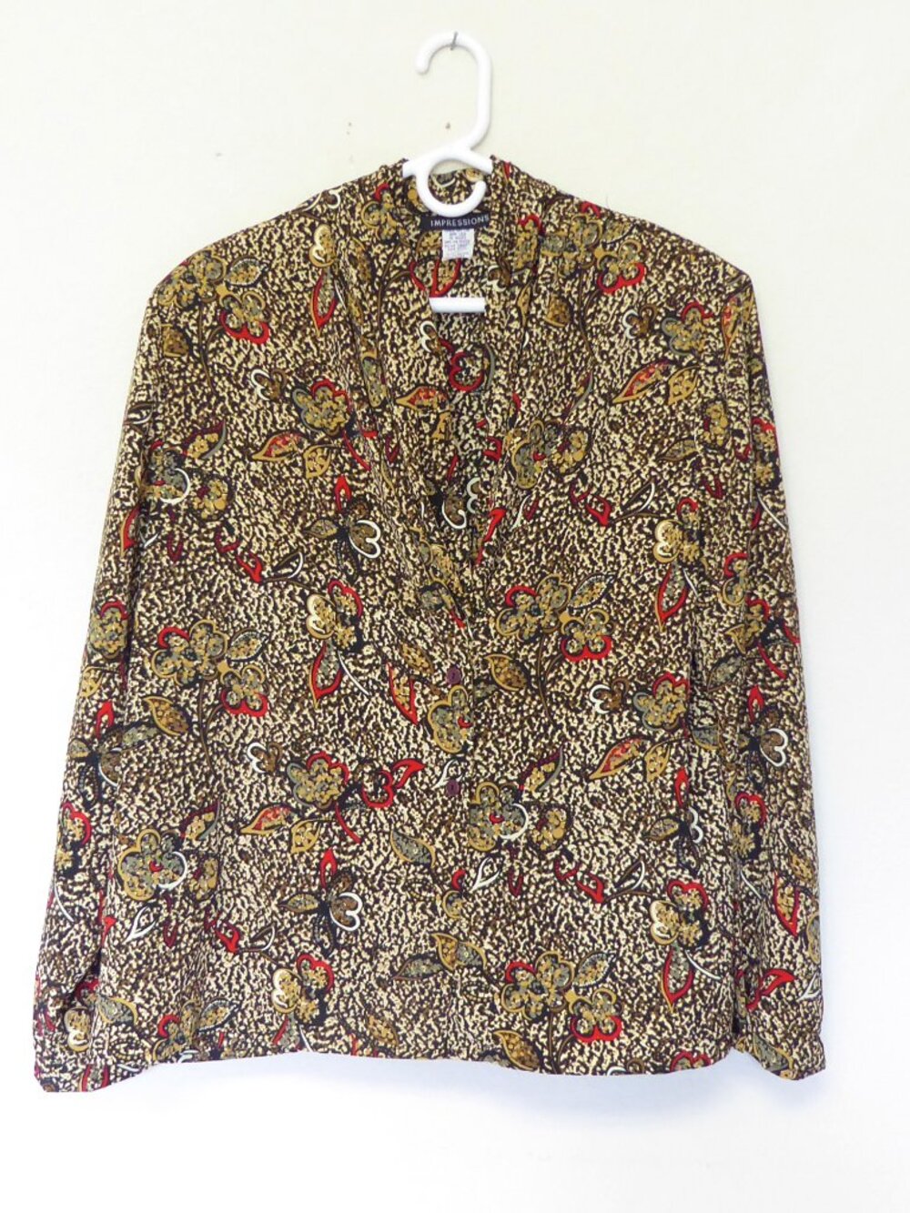1990s Vintage Impressions brown red floral cowl neck button up blouse size XL